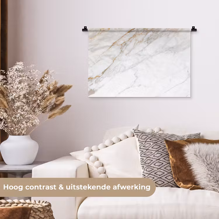 Marmer - Steen - Wit - Goud - Marmerlook - Steen - Luxe Wandkleed katoen klein -sfeer1