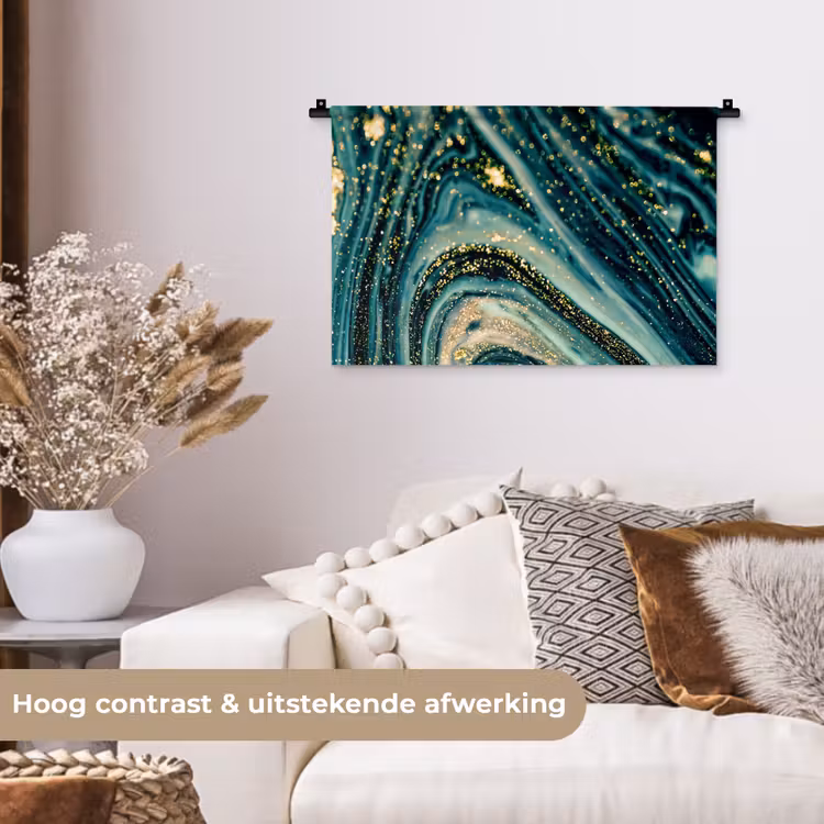 Marmerlook - Luxe - Goud - Turquoise - Glitter Wandkleed katoen klein -sfeer1