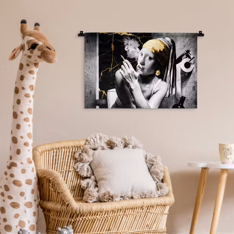 Marmerlook - Meisje met de parel - Sigaretten - Toilet - Goud - Kunst - Oude meesters Wandkleed katoen klein -wsfeer5_kind