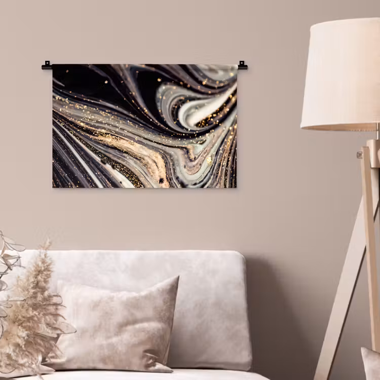 Marmerlook - Zwart - Goud - Wit - Glitter - Marmer Wandkleed katoen klein -sfeer4