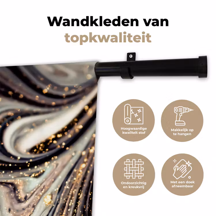 Marmerlook - Zwart - Goud - Wit - Glitter - Marmer Wandkleed katoen klein -sfeer2