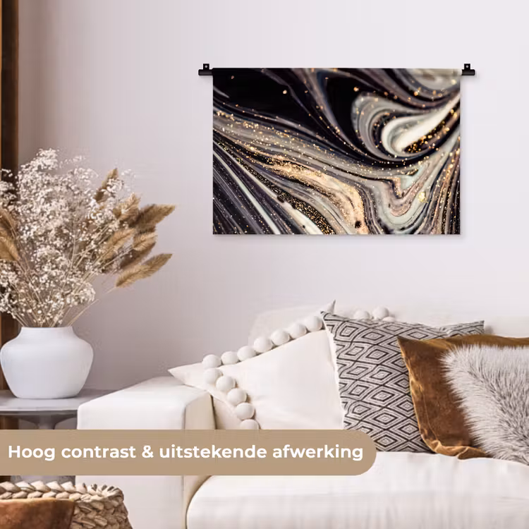 Marmerlook - Zwart - Goud - Wit - Glitter - Marmer Wandkleed katoen klein -sfeer1