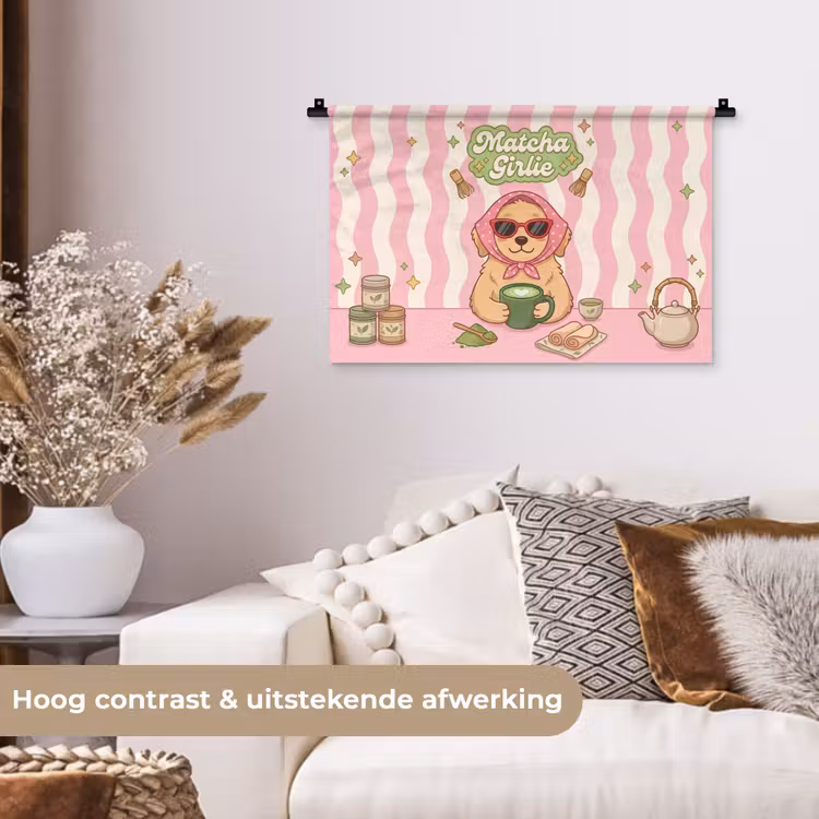 Matcha - Hond - Roze - Groen Wandkleed katoen klein -sfeer1