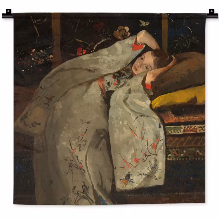 Meisje in witte kimono - Schilderij van George Hendrik Breitner Wandkleed katoen klein -zz3d