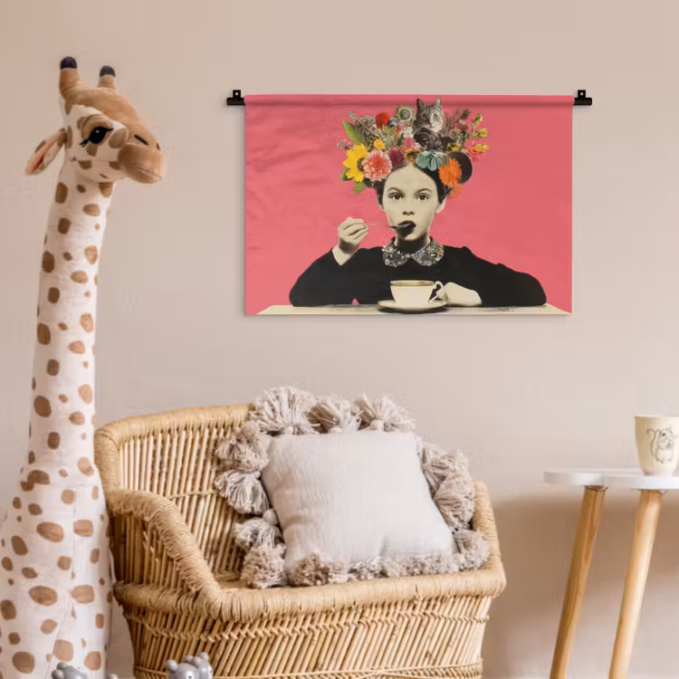 Meisje - Kopje - Bloemen - Roze Wandkleed katoen klein -wsfeer5_kind