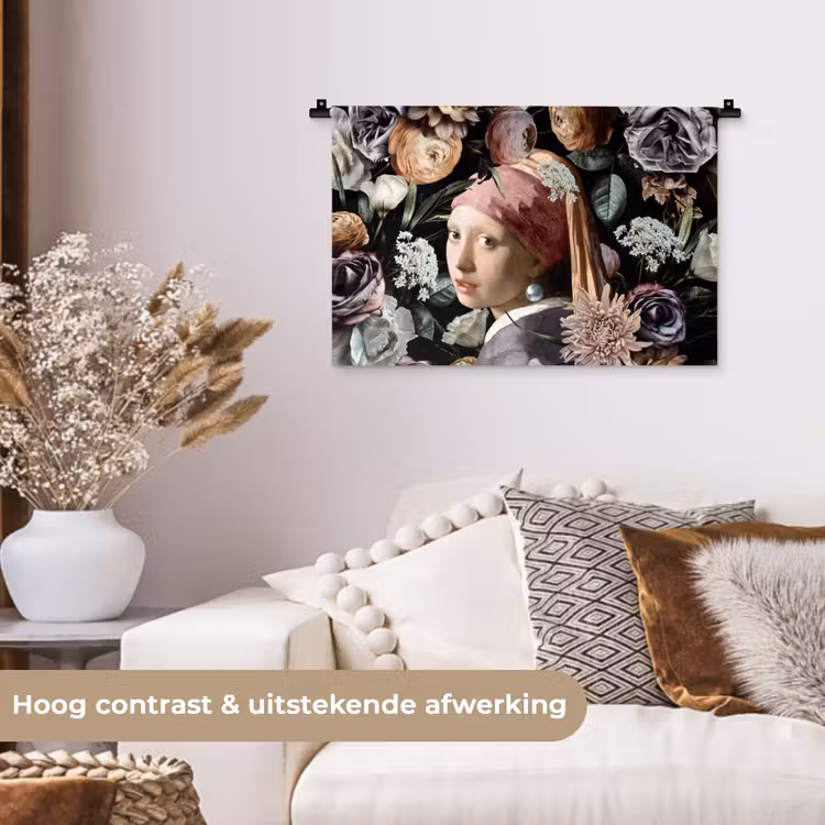 Meisje met de parel - Bloemen - Vermeer - Pastel - Kunstwerk - Schilderij - Oude meesters Wandkleed katoen klein -sfeer1