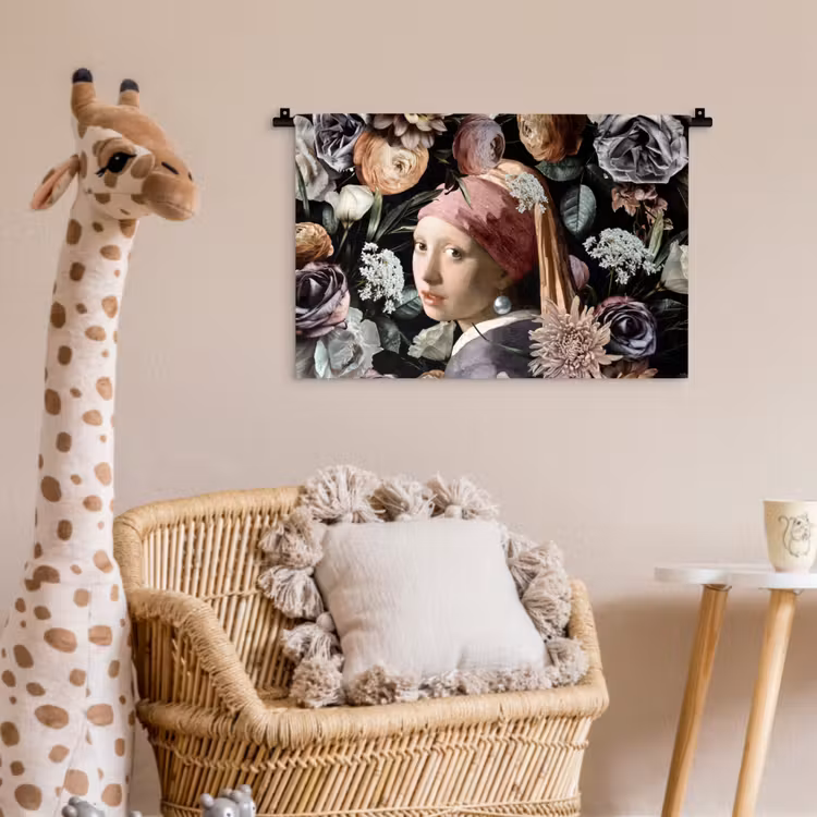 Meisje met de parel - Bloemen - Vermeer - Pastel - Kunstwerk - Schilderij - Oude meesters Wandkleed katoen klein -wsfeer5_kind