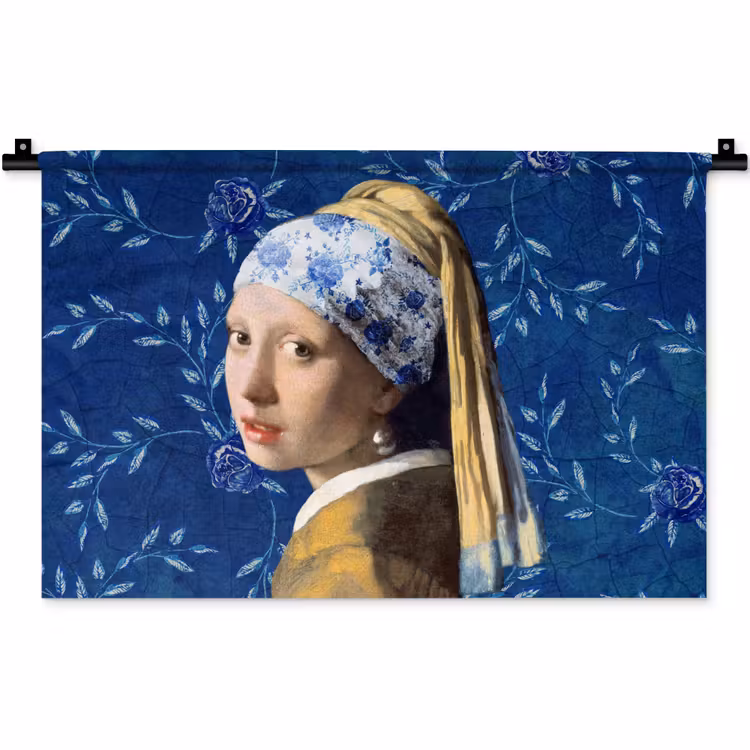 Meisje met de parel - Delfts blauw - Vermeer - Bloemen - Schilderij - Oude meesters Wandkleed katoen klein -zz3d