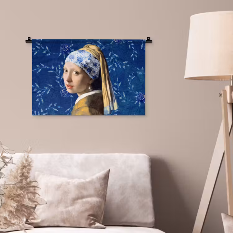 Meisje met de parel - Delfts blauw - Vermeer - Bloemen - Schilderij - Oude meesters Wandkleed katoen klein -sfeer4