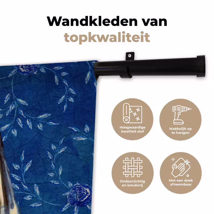 Meisje met de parel - Delfts blauw - Vermeer - Bloemen - Schilderij - Oude meesters Wandkleed katoen klein -sfeer2