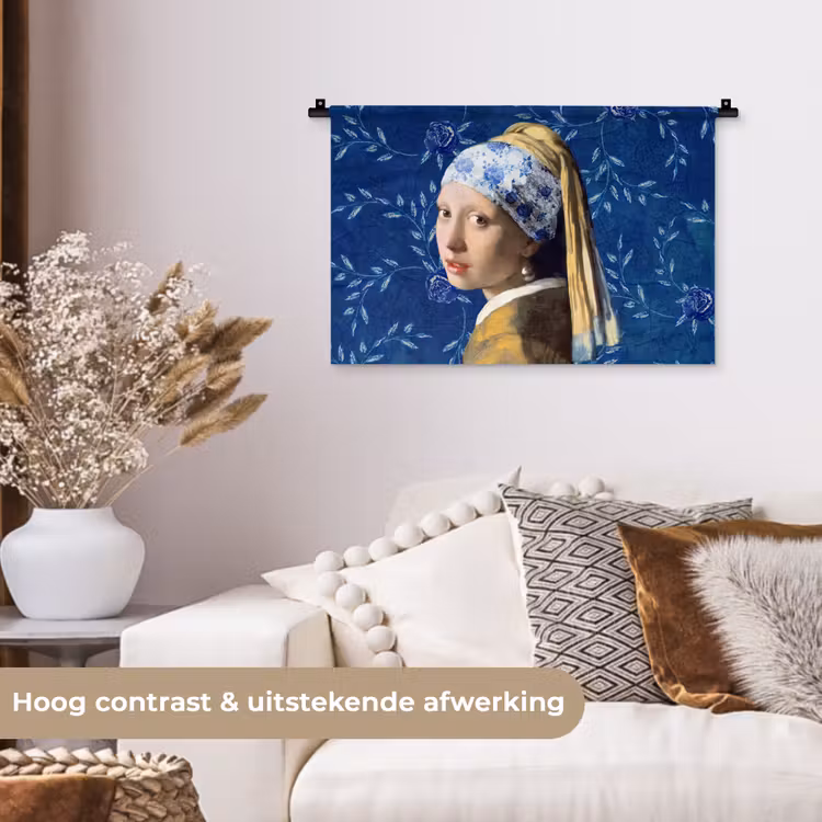 Meisje met de parel - Delfts blauw - Vermeer - Bloemen - Schilderij - Oude meesters Wandkleed katoen klein -sfeer1