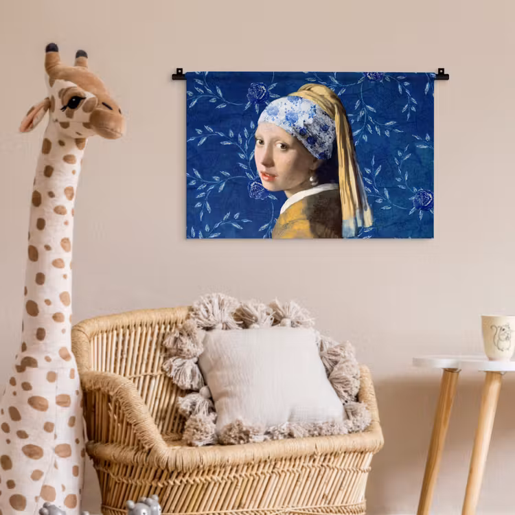 Meisje met de parel - Delfts blauw - Vermeer - Bloemen - Schilderij - Oude meesters Wandkleed katoen klein -wsfeer5_kind