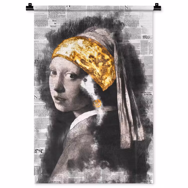 Meisje met de parel - Johannes Vermeer - Krant - Goud Wandkleed katoen klein -zz3d