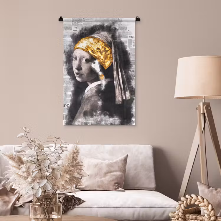 Meisje met de parel - Johannes Vermeer - Krant - Goud Wandkleed katoen klein -sfeer4