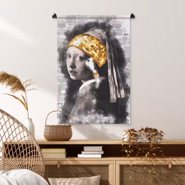 Meisje met de parel - Johannes Vermeer - Krant - Goud Wandkleed katoen klein -sfeer5