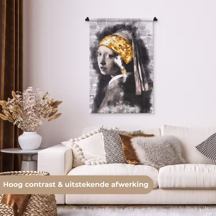Meisje met de parel - Johannes Vermeer - Krant - Goud Wandkleed katoen klein -sfeer1