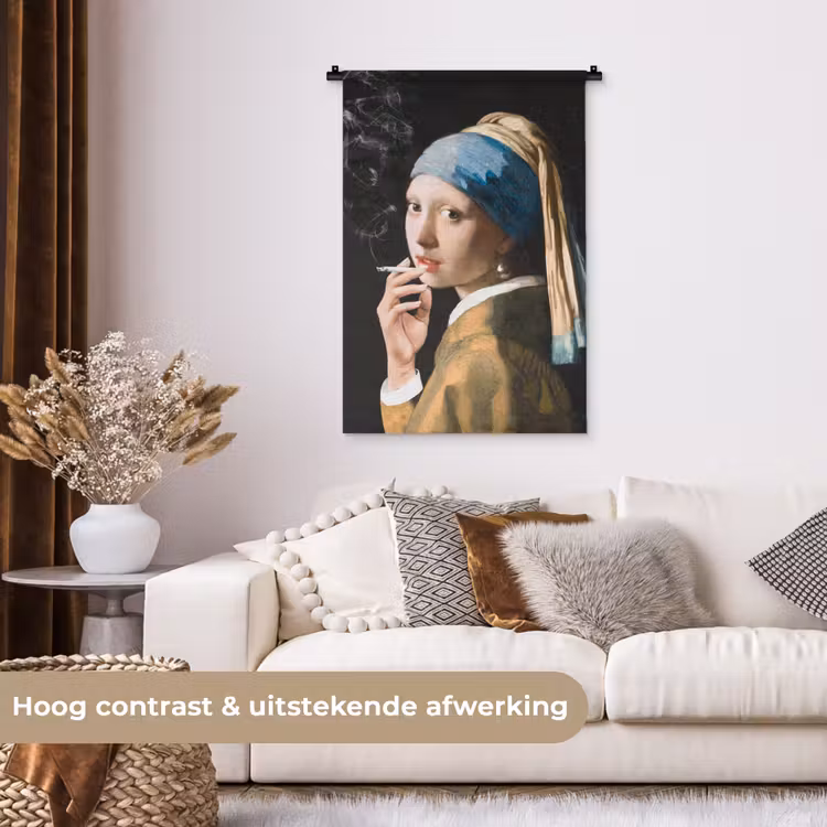 Meisje met de parel - Johannes Vermeer - Sigaretten Wandkleed katoen klein -sfeer1