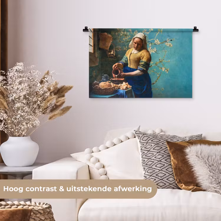 Melkmeisje - Amandelbloesem - Van Gogh - Vermeer - Schilderij - Oude meesters Wandkleed katoen klein -sfeer1