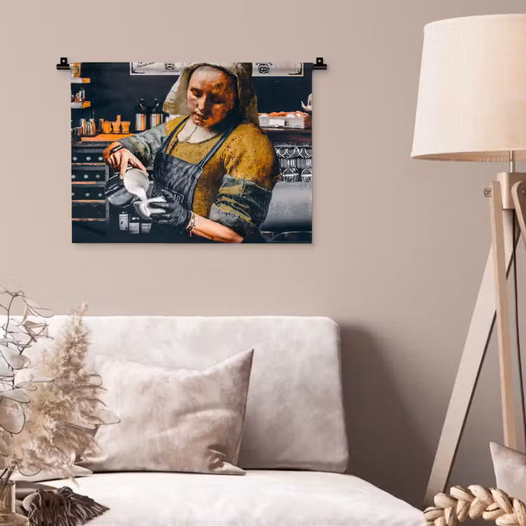 Melkmeisje - Barista - Koffie - Vintage - Kunst - Abstract - Schilderij - Oude meesters Wandkleed katoen klein -sfeer4