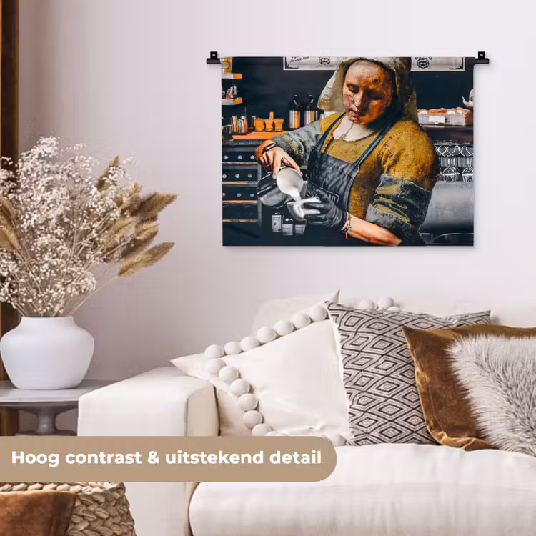 Melkmeisje - Barista - Koffie - Vintage - Kunst - Abstract - Schilderij - Oude meesters Wandkleed katoen klein -sfeer1