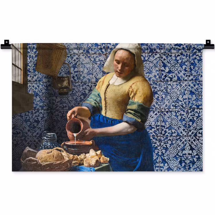 Melkmeisje - Delfts Blauw - Vermeer - Schilderij - Oude meesters Wandkleed katoen klein -zz3d
