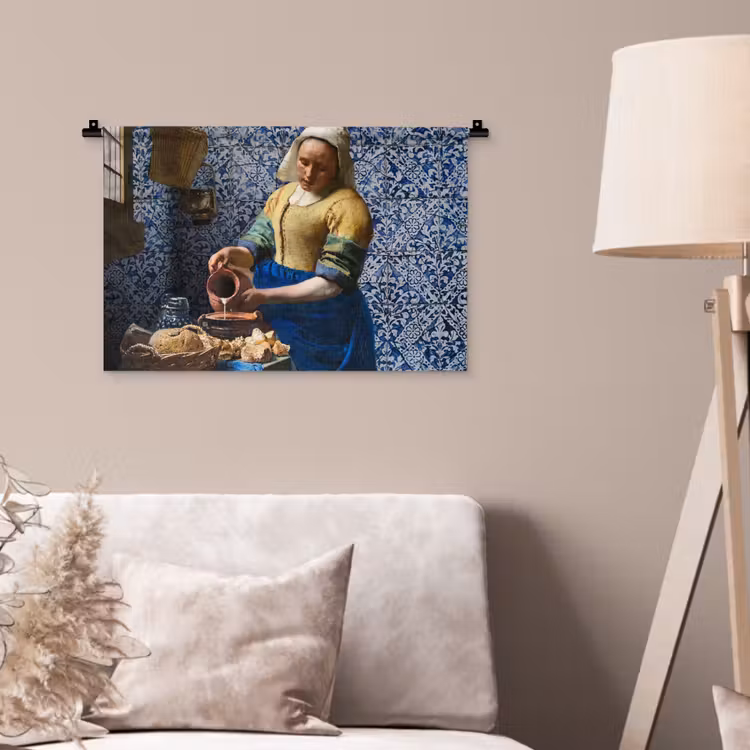 Melkmeisje - Delfts Blauw - Vermeer - Schilderij - Oude meesters Wandkleed katoen klein -sfeer4