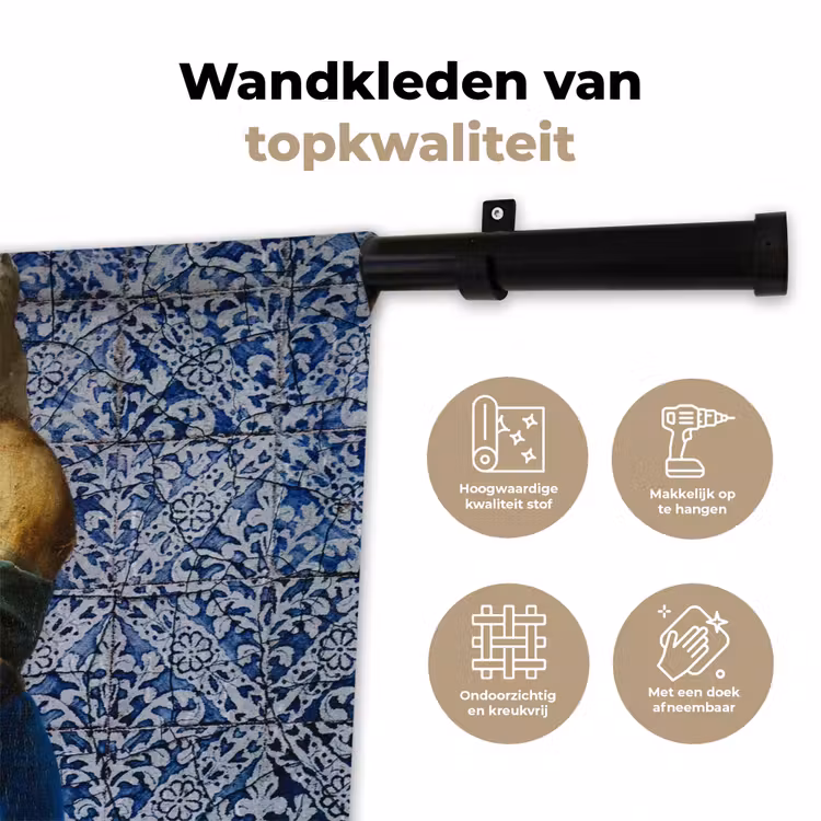Melkmeisje - Delfts Blauw - Vermeer - Schilderij - Oude meesters Wandkleed katoen klein -sfeer2