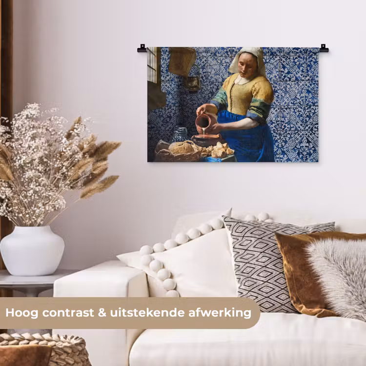 Melkmeisje - Delfts Blauw - Vermeer - Schilderij - Oude meesters Wandkleed katoen klein -sfeer1