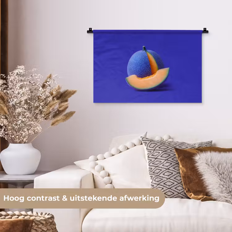 Meloen - Blauw - Oranje - Kunstzinnig Wandkleed katoen klein -sfeer1