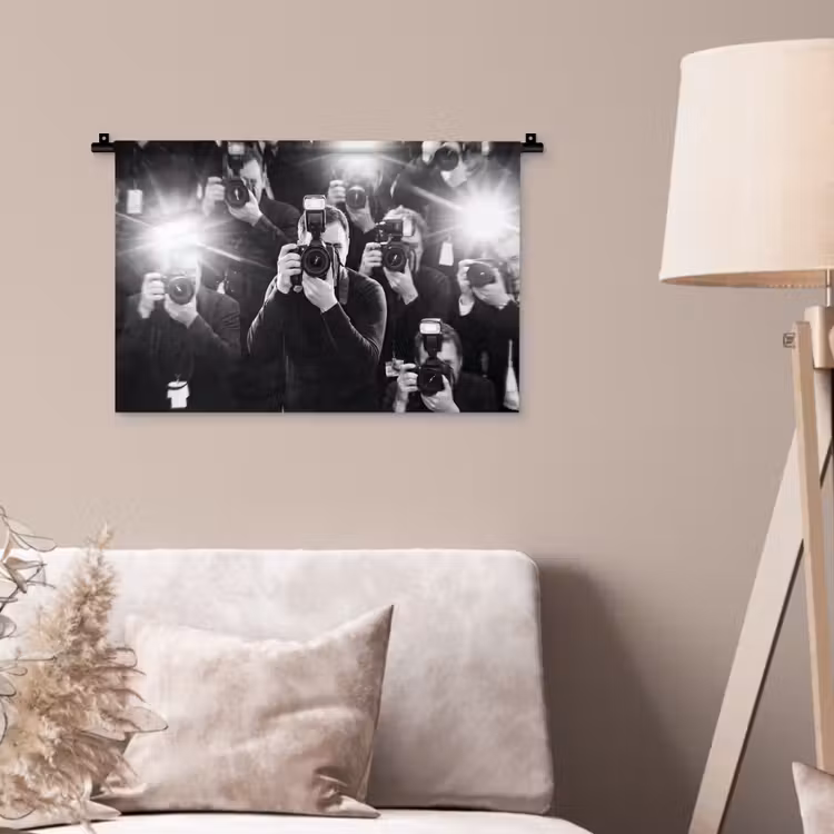 Mensen - Camera - Flitslicht - Zwart-wit - Media Wandkleed katoen klein -sfeer4