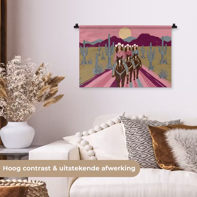 Mensen - Paard - Woestijn - Abstract - Roze Wandkleed katoen klein -sfeer1