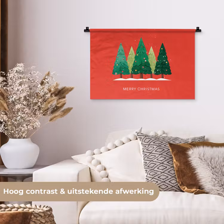 Minimalistisch - Kerstbomen - Rood - Sneeuw Wandkleed katoen klein -sfeer1