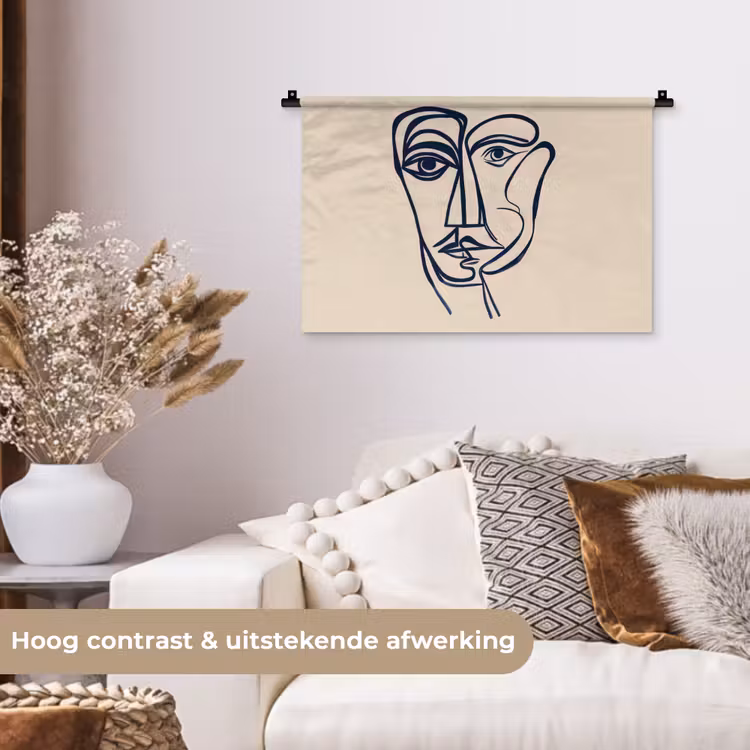 Minimalistisch - Lijnillustratie - Beige - Donkerblauw Wandkleed katoen klein -sfeer1