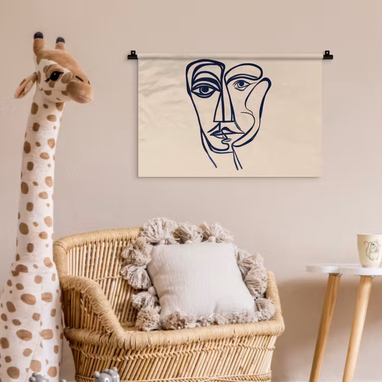 Minimalistisch - Lijnillustratie - Beige - Donkerblauw Wandkleed katoen klein -wsfeer5_kind