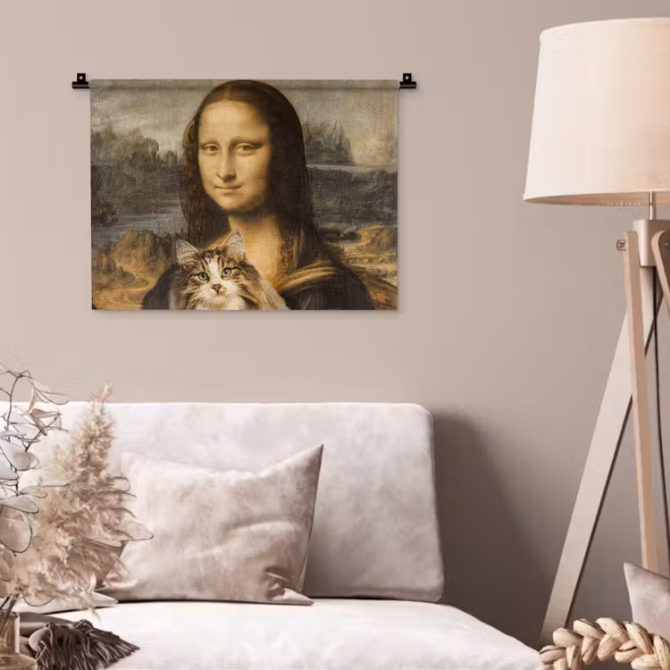 Mona Lisa - Kat - Leonardo da Vinci - Vintage - Kunstwerk - Oude meesters - Schilderij Wandkleed katoen klein -sfeer4