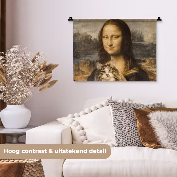 Mona Lisa - Kat - Leonardo da Vinci - Vintage - Kunstwerk - Oude meesters - Schilderij Wandkleed katoen klein -sfeer1