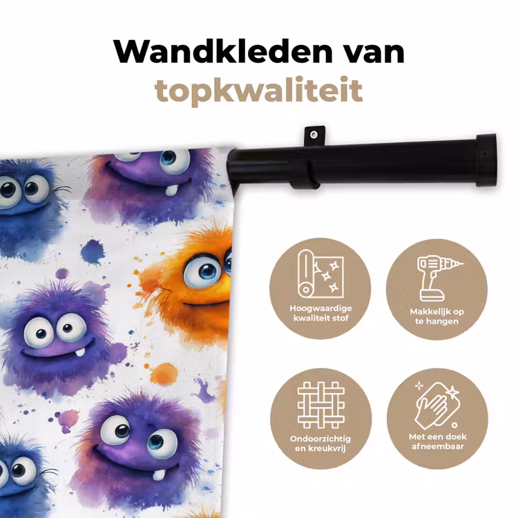 Monstertjes - Aquarel - Kleurrijk Wandkleed katoen klein 269 -sfeer2