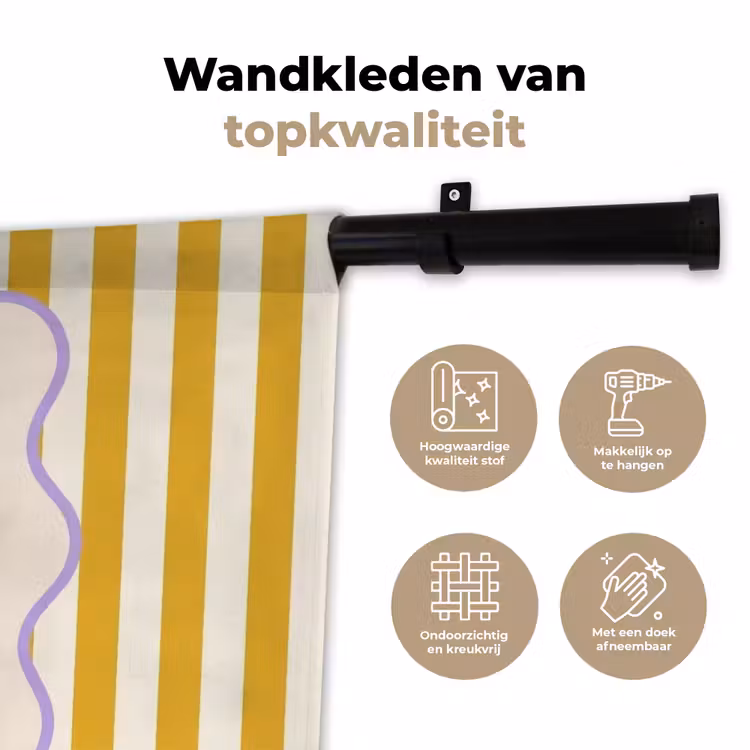 More coffee - Geel - Paars - Strepen - Mok Wandkleed katoen klein -sfeer2