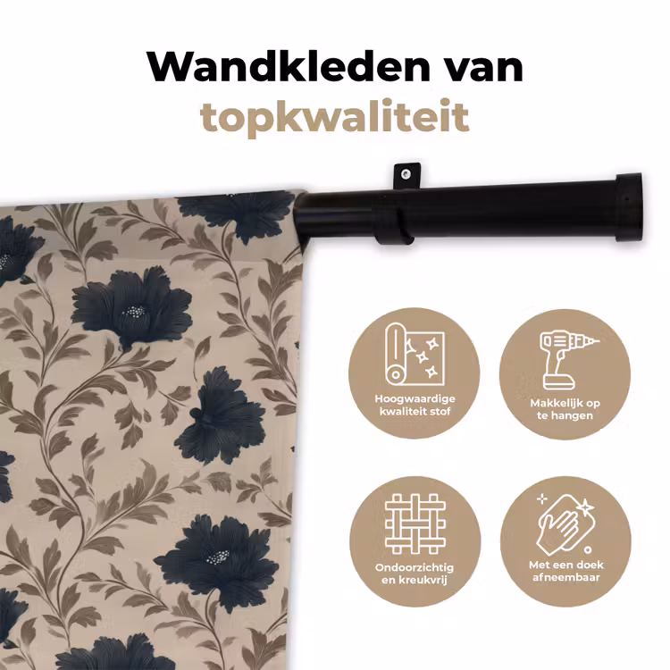 Motief - Bloemen - Zwart - Beige Wandkleed katoen klein 269 -sfeer2