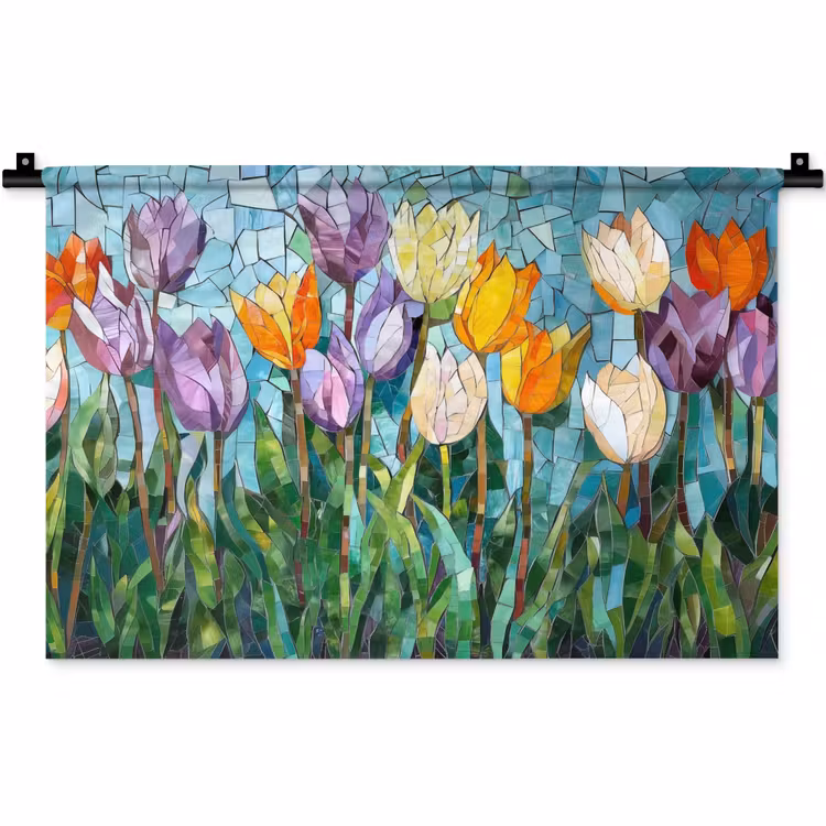 Mozaïek - Veld - Tulpen - Kleurrijk Wandkleed katoen klein -zz3d