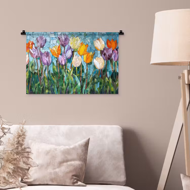 Mozaïek - Veld - Tulpen - Kleurrijk Wandkleed katoen klein -sfeer4