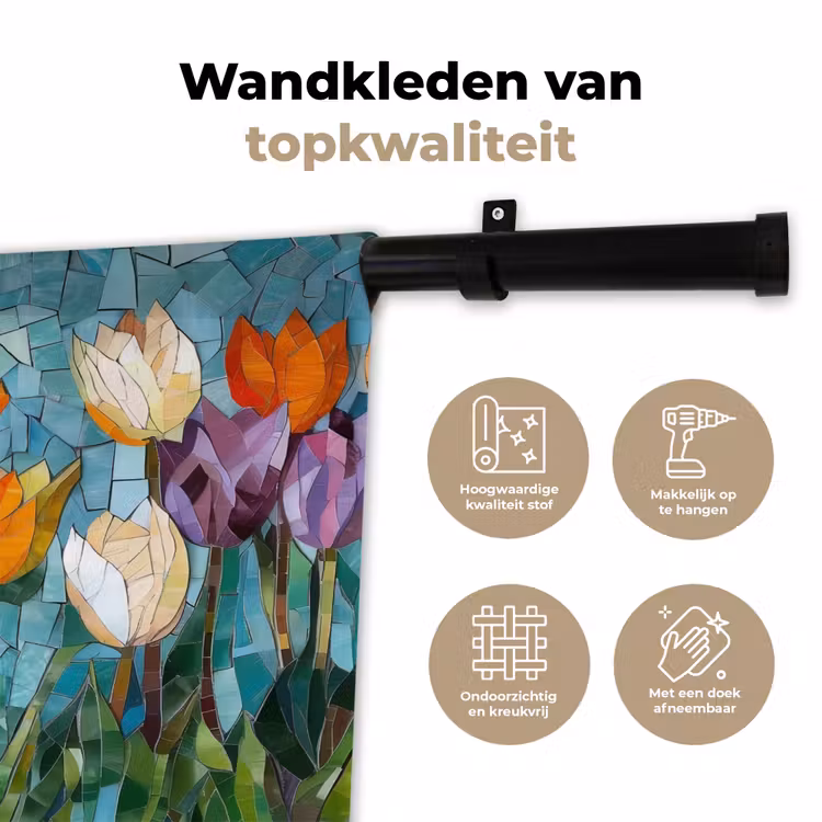 Mozaïek - Veld - Tulpen - Kleurrijk Wandkleed katoen klein -sfeer2