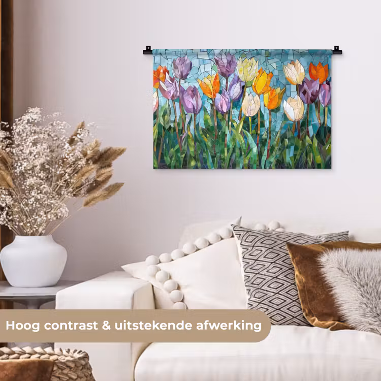Mozaïek - Veld - Tulpen - Kleurrijk Wandkleed katoen klein -sfeer1