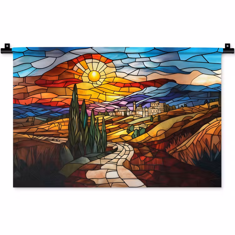 Mozaïek - Zon - Landschap - Dorp Wandkleed katoen klein -zz3d