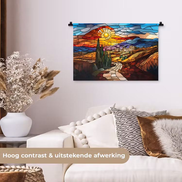 Mozaïek - Zon - Landschap - Dorp Wandkleed katoen klein -sfeer1