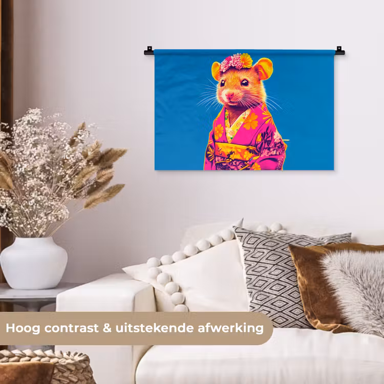 Muis - Kimono - Bloemen - Blauw Wandkleed katoen klein -sfeer1