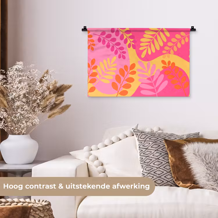 Natuur - Bladeren - Abstract - Roze - Geel Wandkleed katoen klein -sfeer1