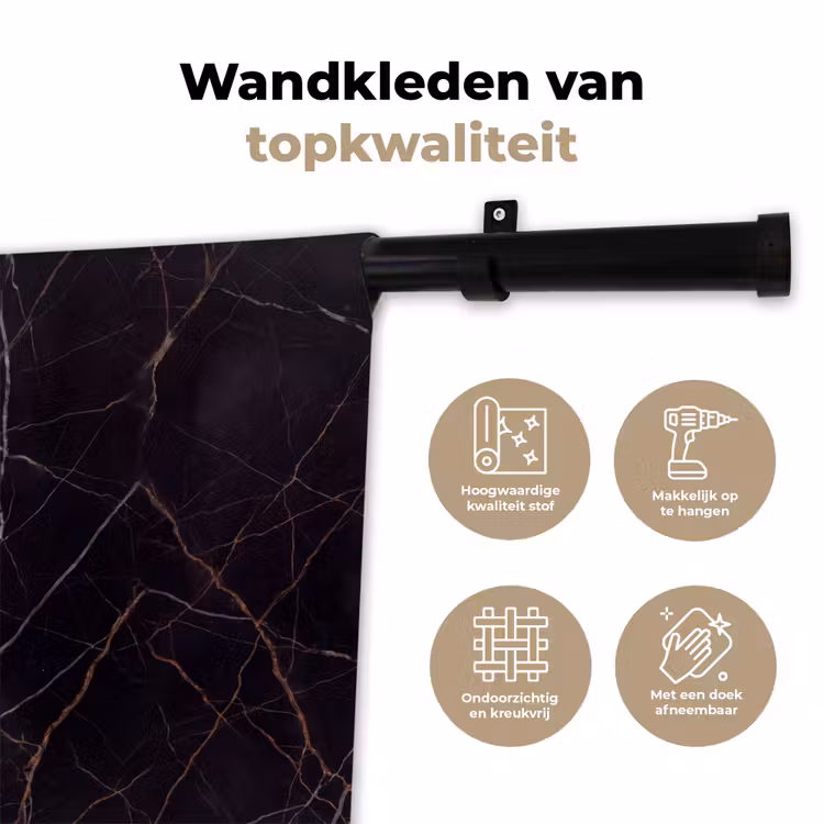 Natuursteen - Marmerpatroon - Abstract - Modern - Zwart - Goud Wandkleed katoen klein -sfeer2