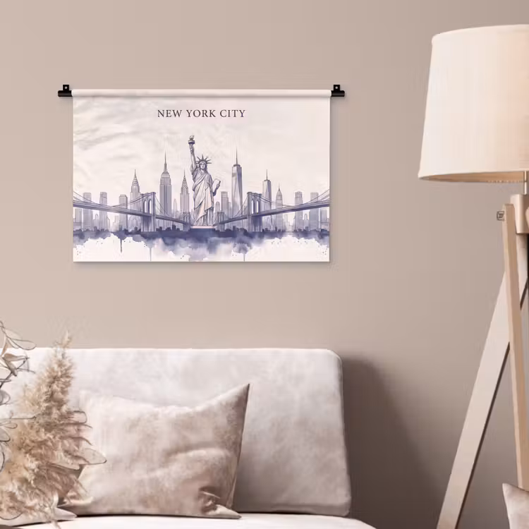 New York - Vrijheidsbeeld - Skyline - Illustratie - Blauw Wandkleed katoen klein -sfeer4