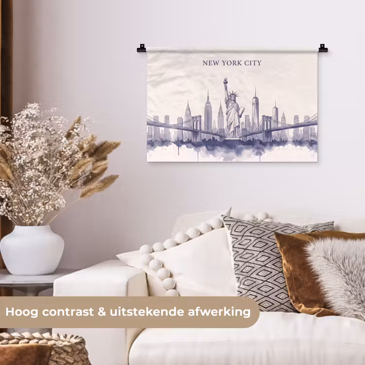 New York - Vrijheidsbeeld - Skyline - Illustratie - Blauw Wandkleed katoen klein -sfeer1